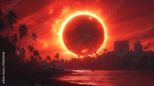 Fototapeta Total solar eclipse background in the sky with Palm trees in the city