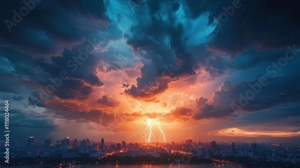 Fototapeta A dramatic sunset with vibrant colors and lightning illuminating the sky over a city skyline, creating a captivating and intense atmosphere.