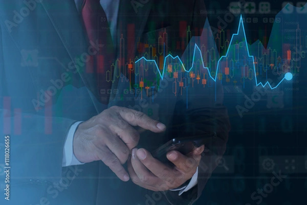 Fototapeta Businessman holding smartphone with stock exchange. Monitoring the rise and fall of stock market. Investors analyze the data stock market, trader investor, block chain stock market cryptocurrency