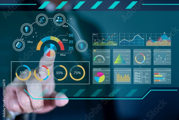 Fototapeta Businessman analyst manages the system database, and analysis data plans, and reports GDP marketing KPI sale. shows a dashboard chart. analytics business concept