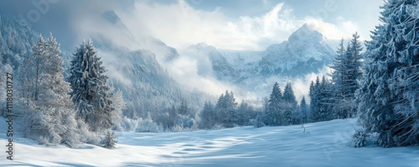 Fototapeta serene winter landscape with heavy snowfall covering mountains and trees