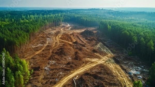 Fototapeta Devastated Forest Landscape After Deforestation