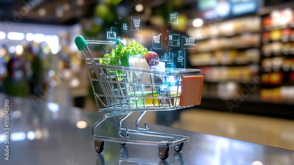 Obraz Smart shopping cart with produce and digital overlays