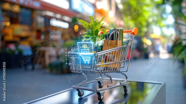 Obraz Shopping cart with digital icons and plants around
