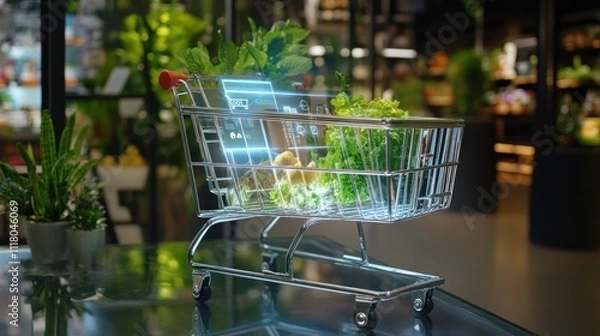 Obraz Futuristic shopping cart with glowing digital display