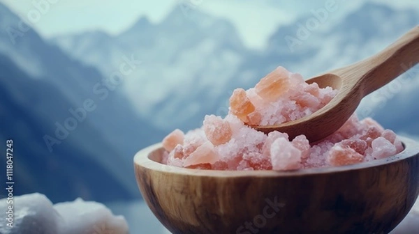 Fototapeta Himalayan pink rock salt in a wooden bowl and a spoon scooping out, snowy mountain background