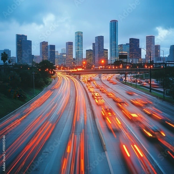 Fototapeta Dynamic cityscape with busy highway traffic under twilight sky.