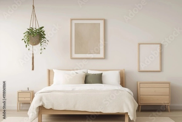 Fototapeta Beige Scandinavian bedroom mockup. Natural wood furniture and simple design. Empty space. White walls. Hanging plant. Empty frames. Bed with pillows. Nightstand. Modern interior style. Cozy and light.