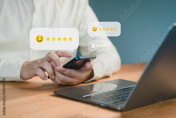 Fototapeta Person using a smartphone to leave a five-star review, with floating feedback icons and a laptop on a desk, symbolizing online reviews, testimonial and customer satisfaction.