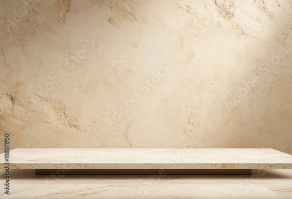 Obraz Beige marble table top against a beige textured wall. The wall has a rough and sandy texture.