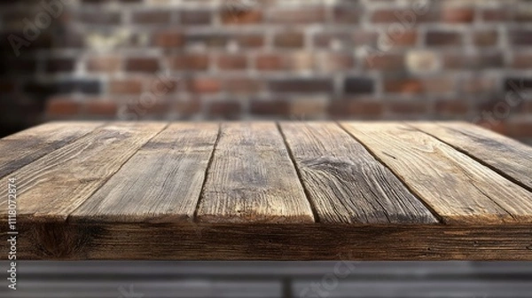 Fototapeta Weathered wooden table detail, capturing textures with a distant blurred brick background