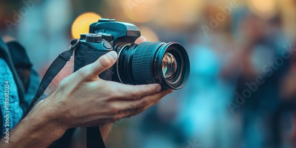 Fototapeta An individual holds a camera, poised to capture stunning moments, highlighting the art of photography.