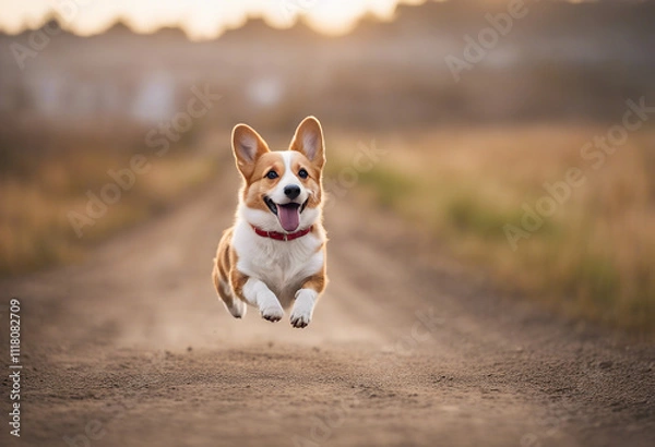 Obraz Small dog running on a dirt path. The dog appears to be in mid-air, with all four paws off the ground.
