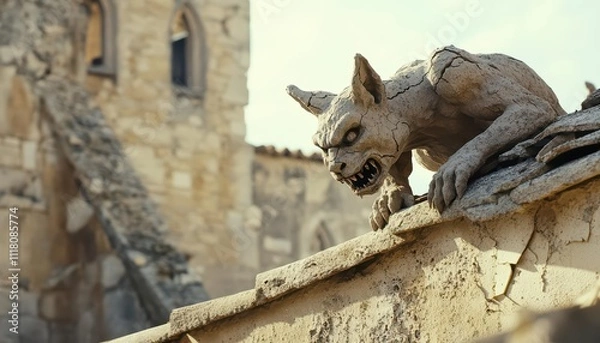 Obraz A menacing gargoyle perched on a building rooftop in an ancient setting.