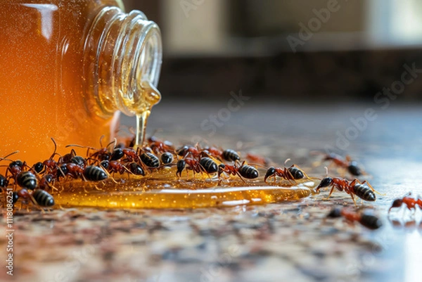 Obraz Macro shot of ants swarming over spilled honey