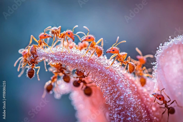 Obraz Macro shot of ants gathering dew on flower petal