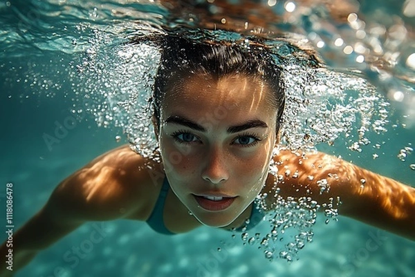 Fototapeta A young woman with dark hair and blue eyes swims underwater in a turquoise pool, her face is illuminated by sunlight, creating a refreshing and vibrant atmosphere.