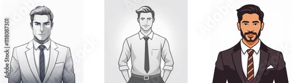 Fototapeta Three illustrated men in business attire; one in grayscale, one in light colors, and one in dark colors.  Different hairstyles and facial hair are shown.