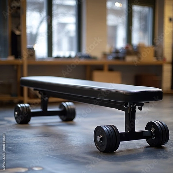 Obraz A flat workout bench with wheels, designed for strength training exercises.