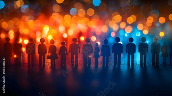 Obraz Bokeh Community Engagement concept as Bokeh digital art background with soft glowing lights representing active community engagement and interaction ideal for advertisements with copy space. in  Photo