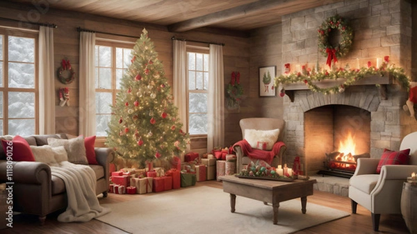 Fototapeta A rustic living room with a roaring fireplace, stockings hanging above, and a glowing Christmas tree adorned with ornaments