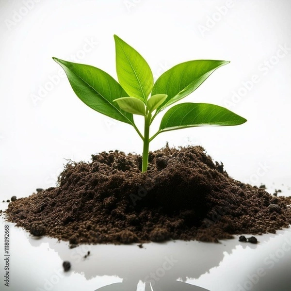 Fototapeta young plant sprouting from fertile soil, surrounded by lush greenery, representing growth and sustainability for eco-friendly initiatives