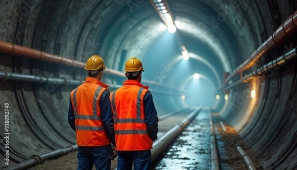 Fototapeta Two engineers wear safety vests, hard hats inside large underground tunnel. Inspecting construction site. Tunnel pipes, lighting. Construction progress visible. Infrastructure development underway.