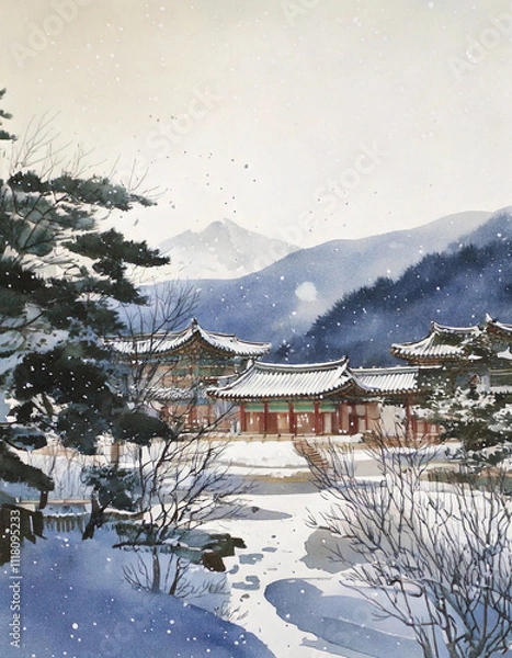 Obraz 한국 전통 건축이 있는 겨울 수묵담채화 풍경