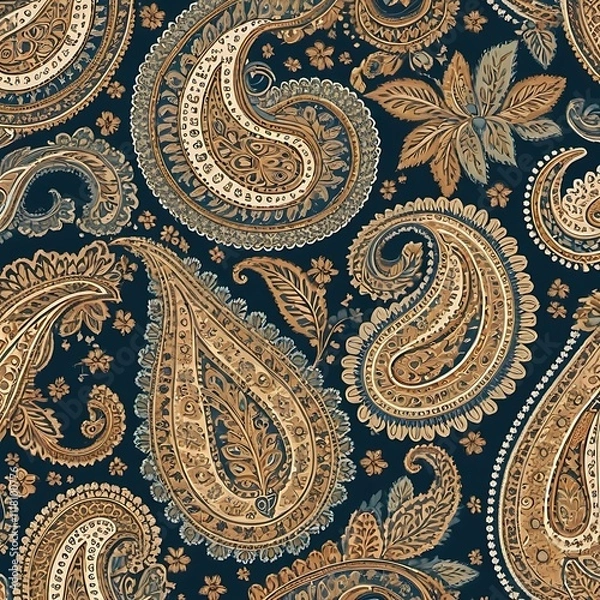 Obraz Navy Blue and Gold Paisley Pattern: Seamless textile design featuring intricate paisley motifs in navy blue, gold, and beige. Perfect for fashion, home decor, and surface design. 