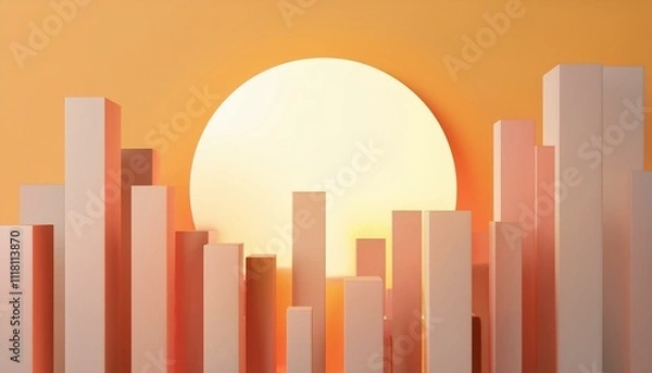Fototapeta The concept of happiness and new beginnings: Abstract cityscape with rising sun, symbolizing growth and endless possibilities.
