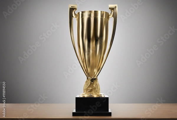 Obraz Gold trophy cup with two handles, standing on a wooden surface.