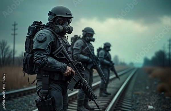Fototapeta Post-apocalyptic soldiers stand guard on deserted railway tracks. Dark grey futuristic uniforms, gas masks suggest contaminated environment. Weapons present. Group of three adult men prepared.