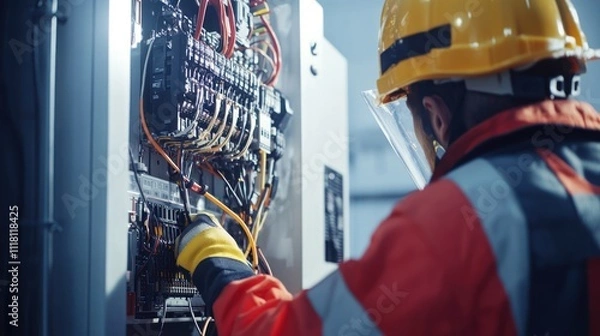 Obraz Electrician working on a fuse box