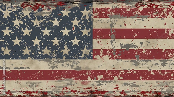 Fototapeta American flag, with a weathered, textured look, incorporating muted red, white, and blue tones for a retro feel.