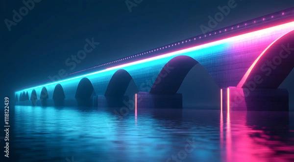 Obraz A vibrant, illuminated bridge stretches over calm waters, enhanced by neon lights in blue and pink, creating a striking nighttime scene.