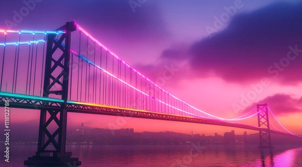 Obraz A vibrant bridge illuminated with colorful lights against a stunning sunset, reflecting beautifully in the water below.