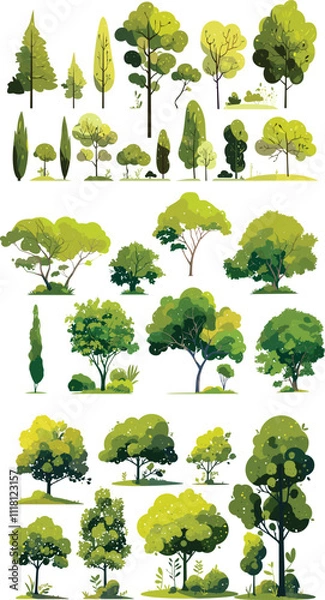Fototapeta Collection of Green Trees and Bushes - Vector Illustration