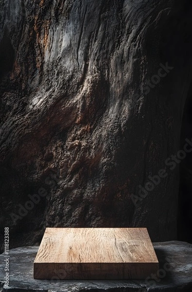 Fototapeta Wooden Plank Resting On Dark Stone Against Weathered Tree Trunk