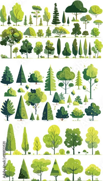 Fototapeta Collection of Green Trees and Bushes - Vector Illustration