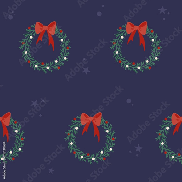 Fototapeta Seamless pattern simple wrapping paper, textile for Christmas. Fir wreath with big red bow and white and red berries. simple repeatable pattern, background. navy green  
