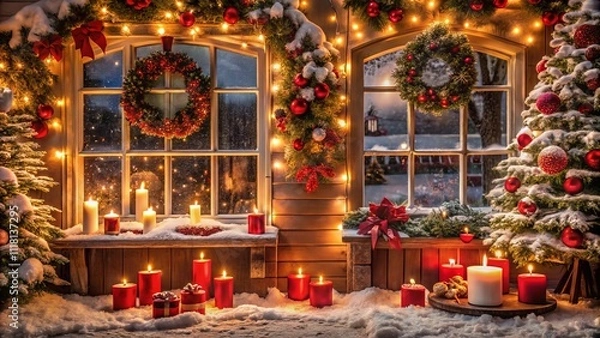 Fototapeta Captivating Low Light Photography of Red and White Christmas Decorations Illuminating Home Windows for a Festive Merry and Bright Atmosphere