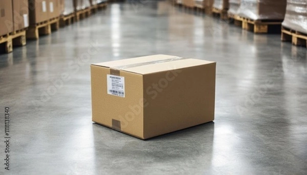 Fototapeta A cardboard box in a warehouse setting, ready for shipping or storage.
