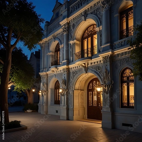 Fototapeta Majestic Night View of a Grand Illuminated Building with Fountain