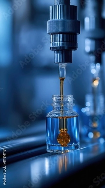 Fototapeta Automated filling process of skincare product bottles. Liquid ingredients dispensed into clear glass bottles. Modern tech, precision evident in production line. Focused view highlights efficiency,