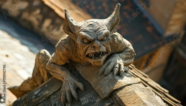 Fototapeta A detailed stone gargoyle perched on a rooftop, showcasing gothic architecture.