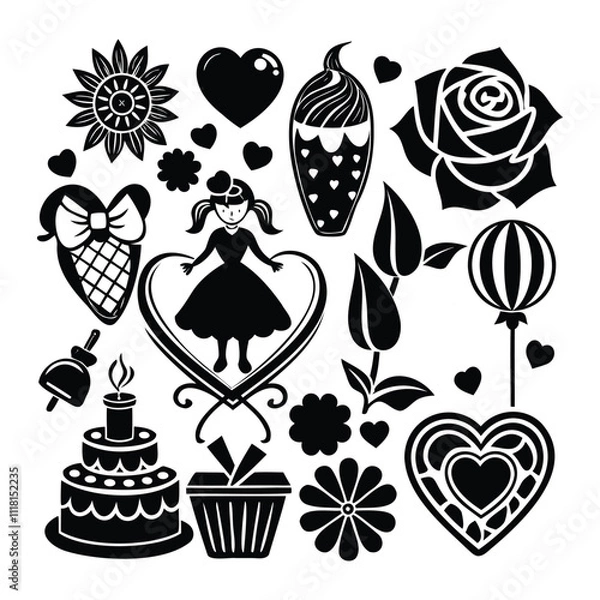Fototapeta Sweet Valentine Elements Silhouette Vector Icon Set for Romantic Themes