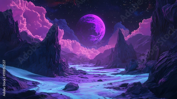 Fototapeta Stunning minimalist neon landscape featuring 3d ribbons in purple and turquoise. Aether. Illustration