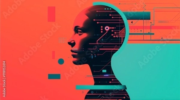 Fototapeta AI Mind: Digital Portrait of a Woman with Circuitry Overlay