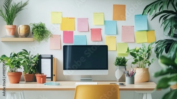 Fototapeta Colorful Sticky Notes on Creative Workspace Wall