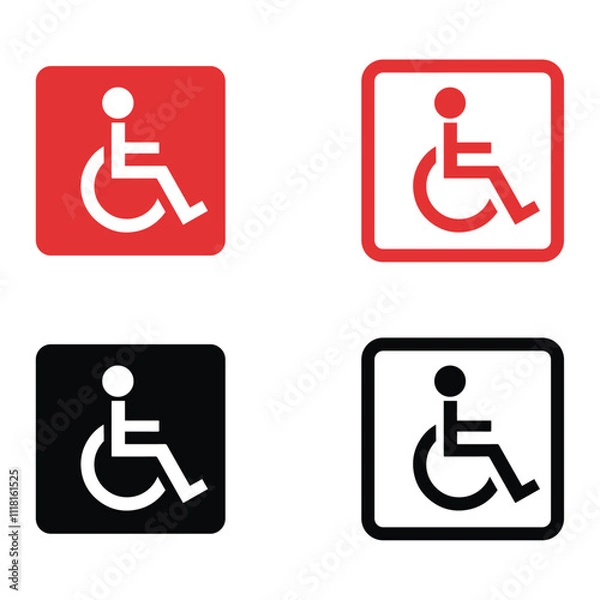 Fototapeta Handicapped sign on Wheelchair - Red Background. Wheelchair Accessibility Symbol - Red Outline. Accessibility Icon on Wheelchair - Black Background. Wheelchair Accessibility Symbol - Black Outline. 